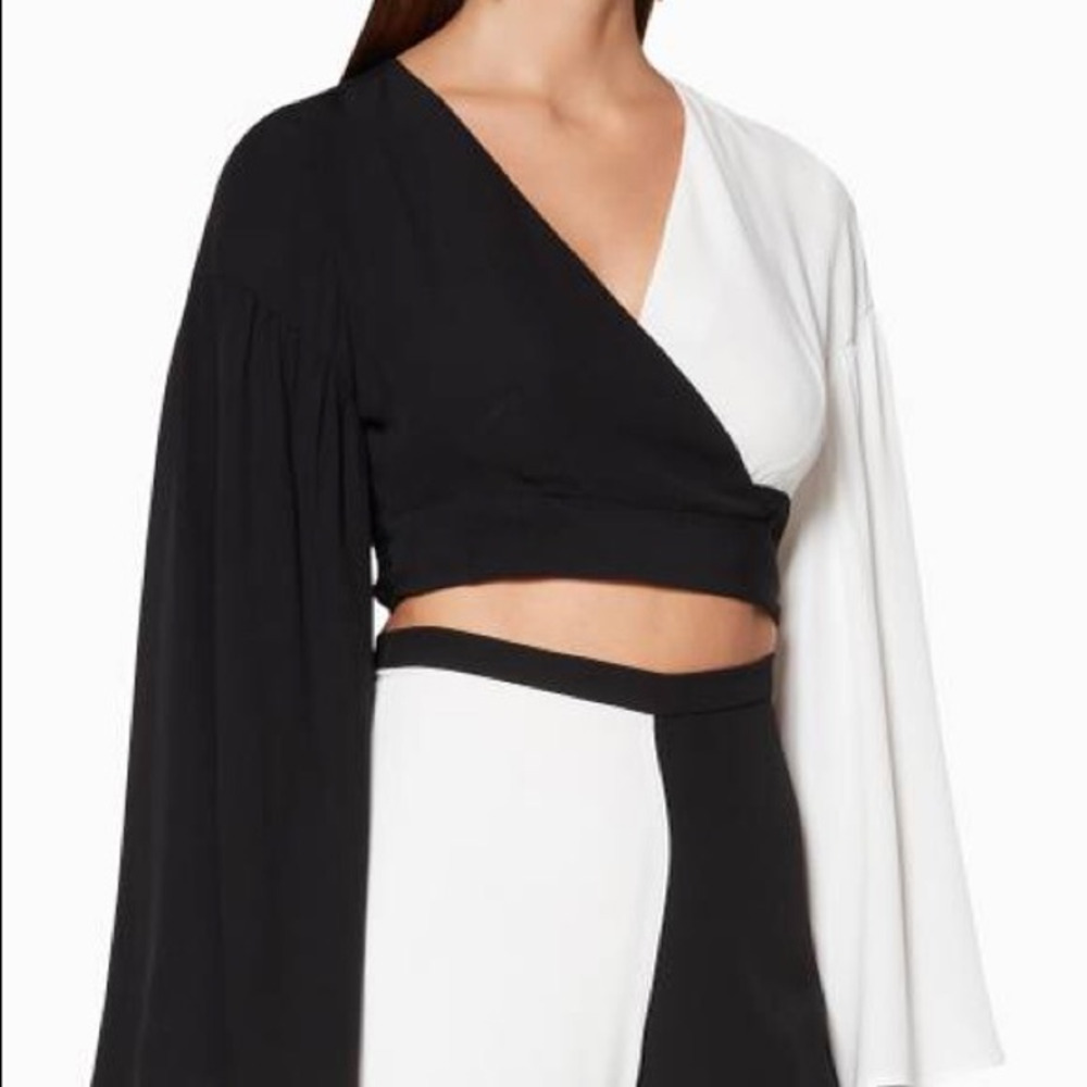 STAUD Tramps Cropped Wrap Blouse Top V-Neck Long Flared Two Tone Black White M